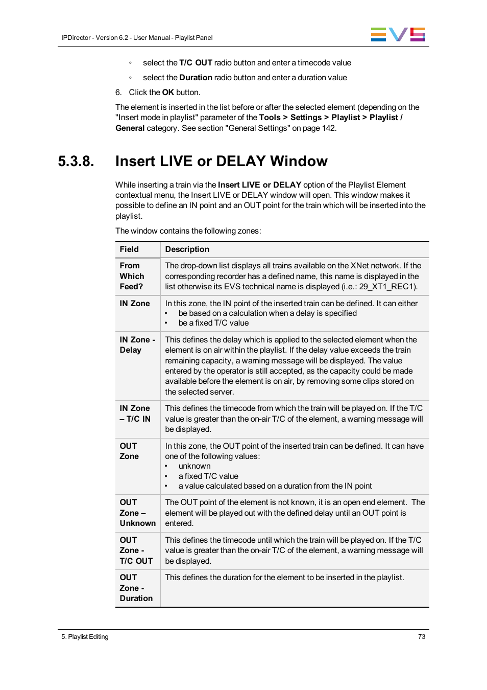 Insert live or delay window | EVS IPDirector Version 6.2 - June 2013 PLAYLIST PANEL User Manual User Manual | Page 87 / 178