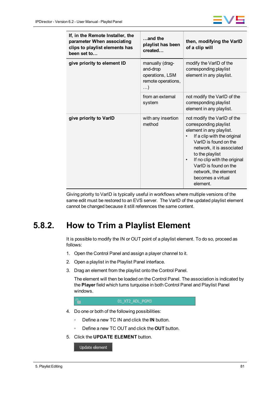 How to trim a playlist element | EVS IPDirector Version 6.2 - June 2013 PLAYLIST PANEL User Manual User Manual | Page 95 / 178