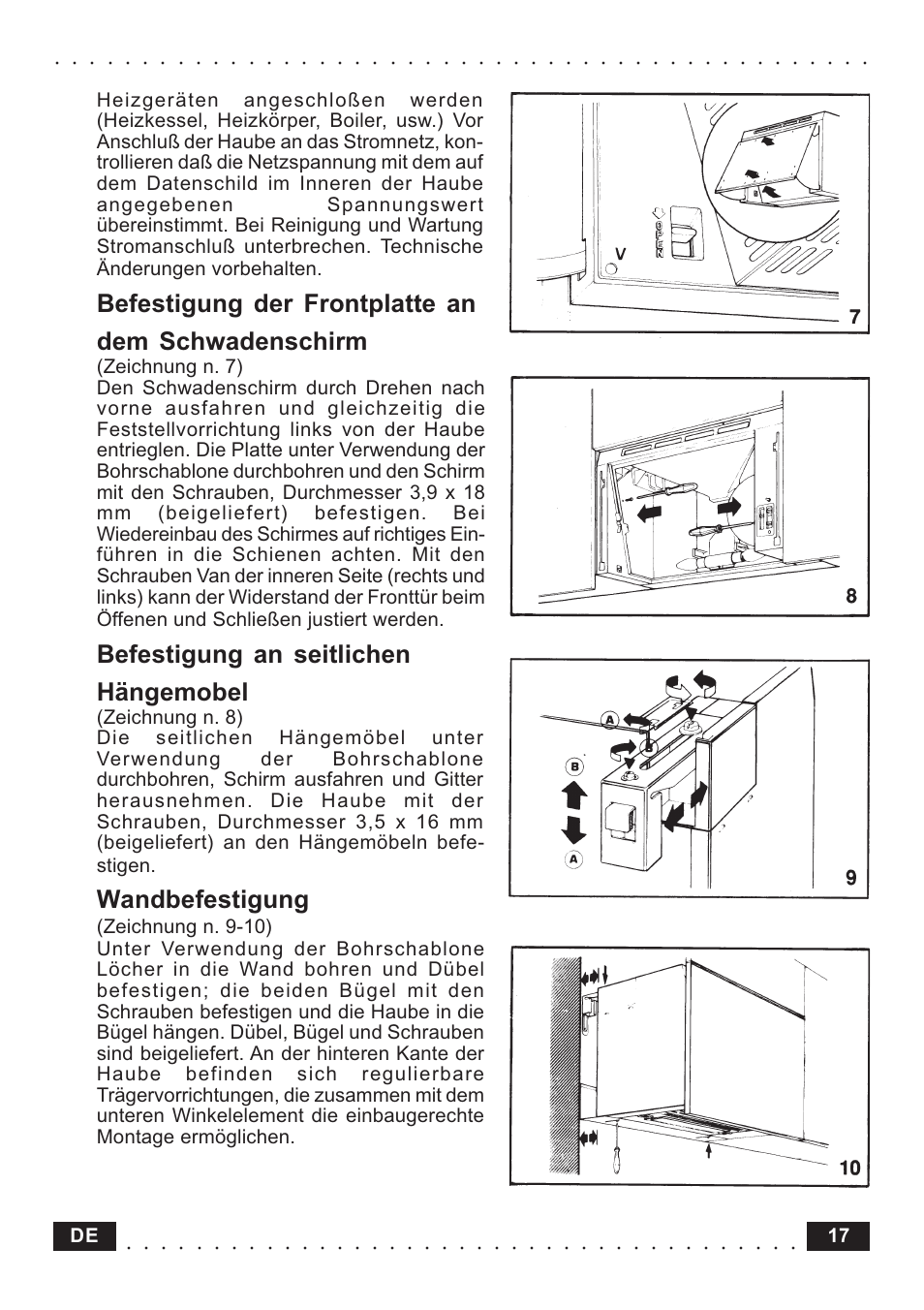 Befestigung der frontplatte an dem schwadenschirm, Befestigung an seitlichen hängemobel, Wandbefestigung | 17 de | Zanussi ZH 6011 W/E User Manual | Page 8 / 9
