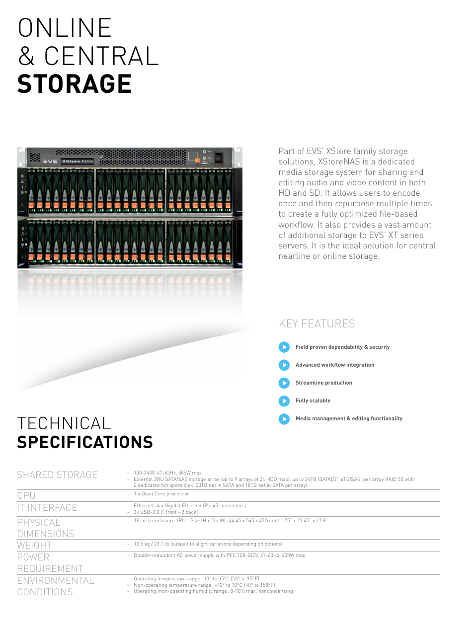 Online & central storage, Technical specifications, Key features | EVS XstoreNAS User Manual | Page 2 / 4