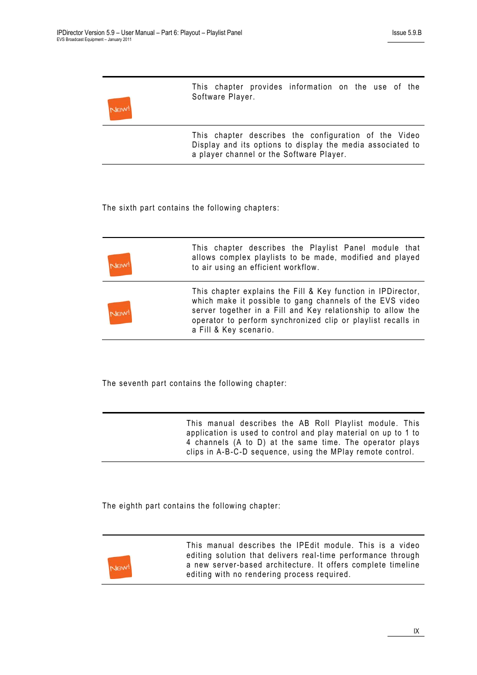 Part 6: playout – playlist panel, Part7: playout – ab roll playlist, Part 8: editing | EVS IPDirector Version 5.9 - January 2011 Part 6 User’s Manual User Manual | Page 10 / 192