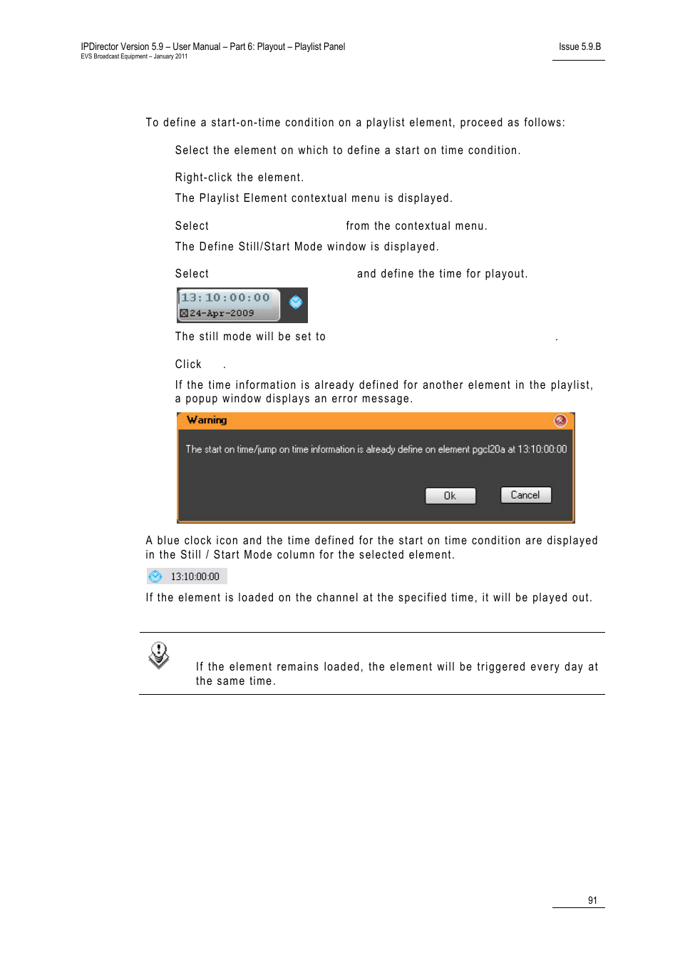 How to define a start-on-time condition | EVS IPDirector Version 5.9 - January 2011 Part 6 User’s Manual User Manual | Page 102 / 192