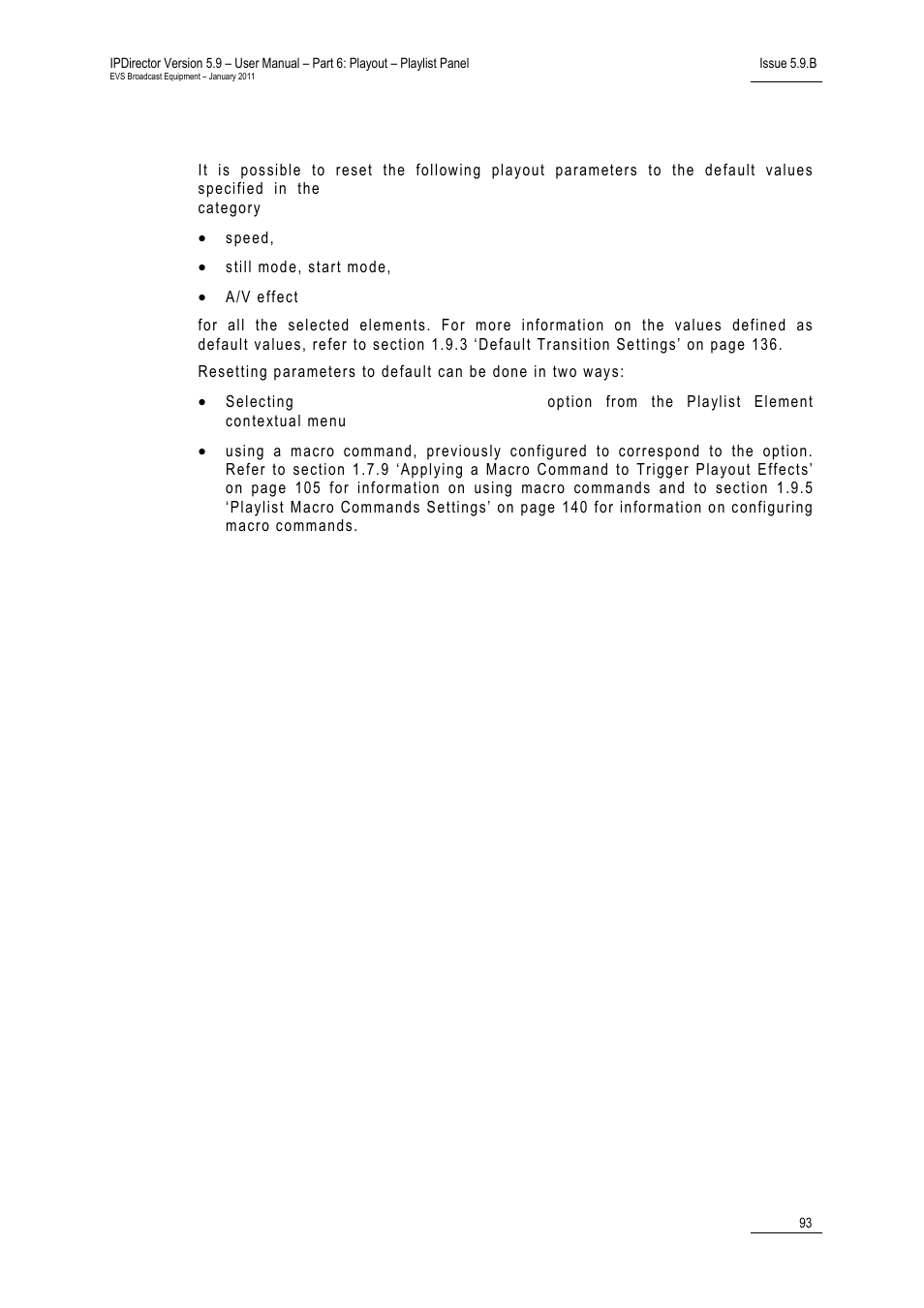 5 resetting playout parameters to default, Resetting playout parameters to default, 5 ‘ resetting playout parameters to default | Esetting, Layout, Arameters to, Efault | EVS IPDirector Version 5.9 - January 2011 Part 6 User’s Manual User Manual | Page 104 / 192