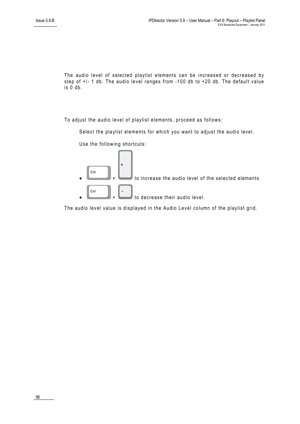 7 adjusting audio levels, Introduction, How to adjust the audio level of playlist elements | Adjusting audio levels, Djusting, Udio, Evels | EVS IPDirector Version 5.9 - January 2011 Part 6 User’s Manual User Manual | Page 107 / 192