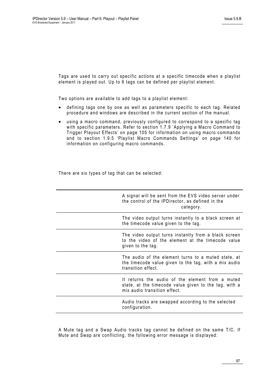 Introduction, Tag types, Limitation for the use of tags | 8 ‘ using action tags into a playlist to trigger, Transport functions or playout effects, Sing, Ction, Ags into a, Laylist to, Rigger | EVS IPDirector Version 5.9 - January 2011 Part 6 User’s Manual User Manual | Page 108 / 192