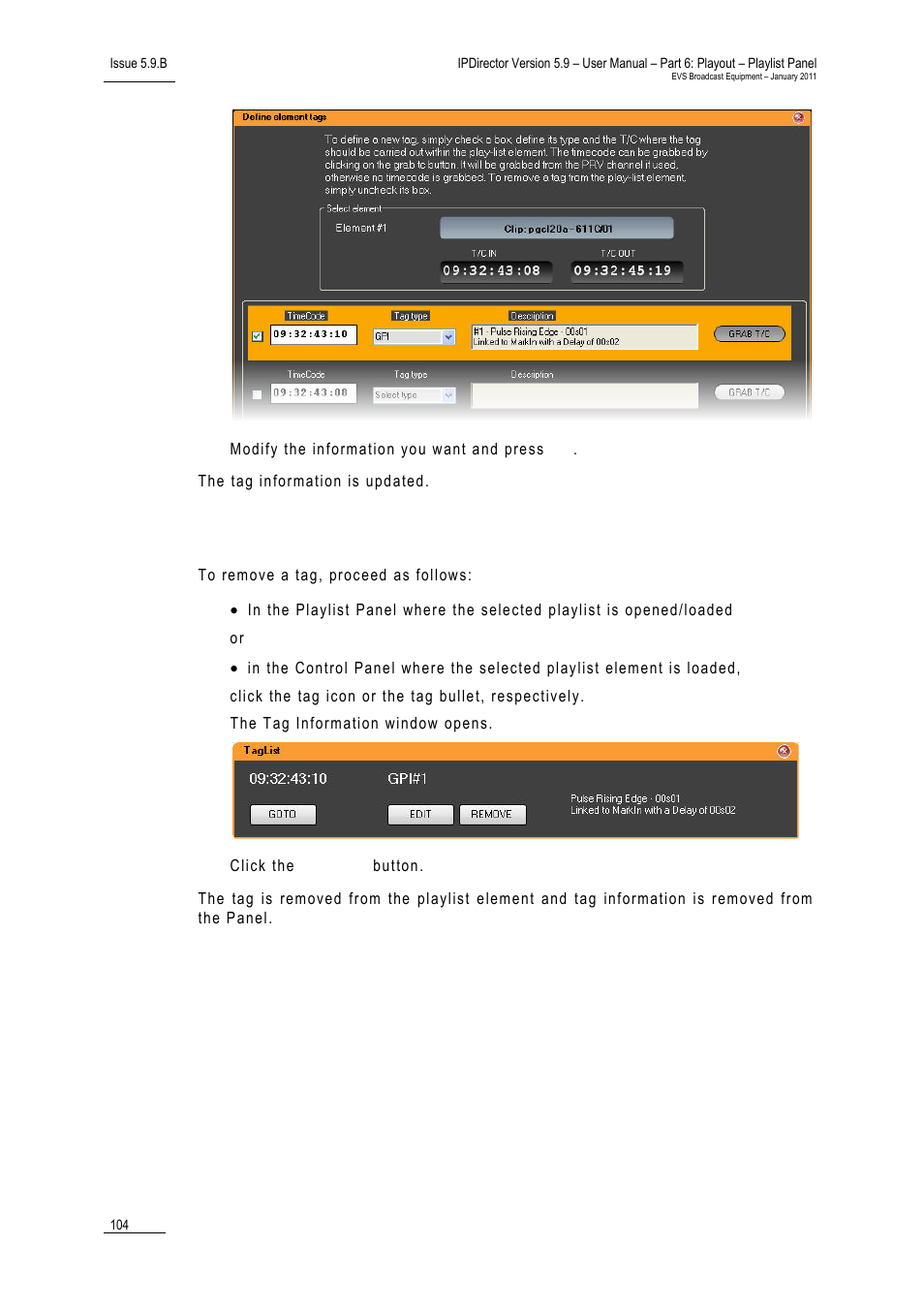 How to remove a tag, 104 fo | EVS IPDirector Version 5.9 - January 2011 Part 6 User’s Manual User Manual | Page 115 / 192