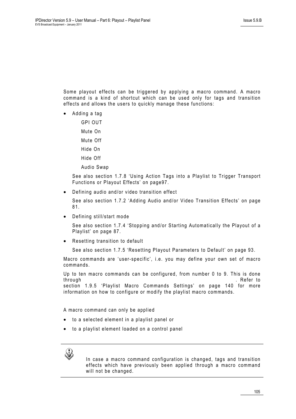 Introduction, 105 fo, 105 f | Pplying a, Acro, Ommand to, Rigger, Layout, Ffects | EVS IPDirector Version 5.9 - January 2011 Part 6 User’s Manual User Manual | Page 116 / 192