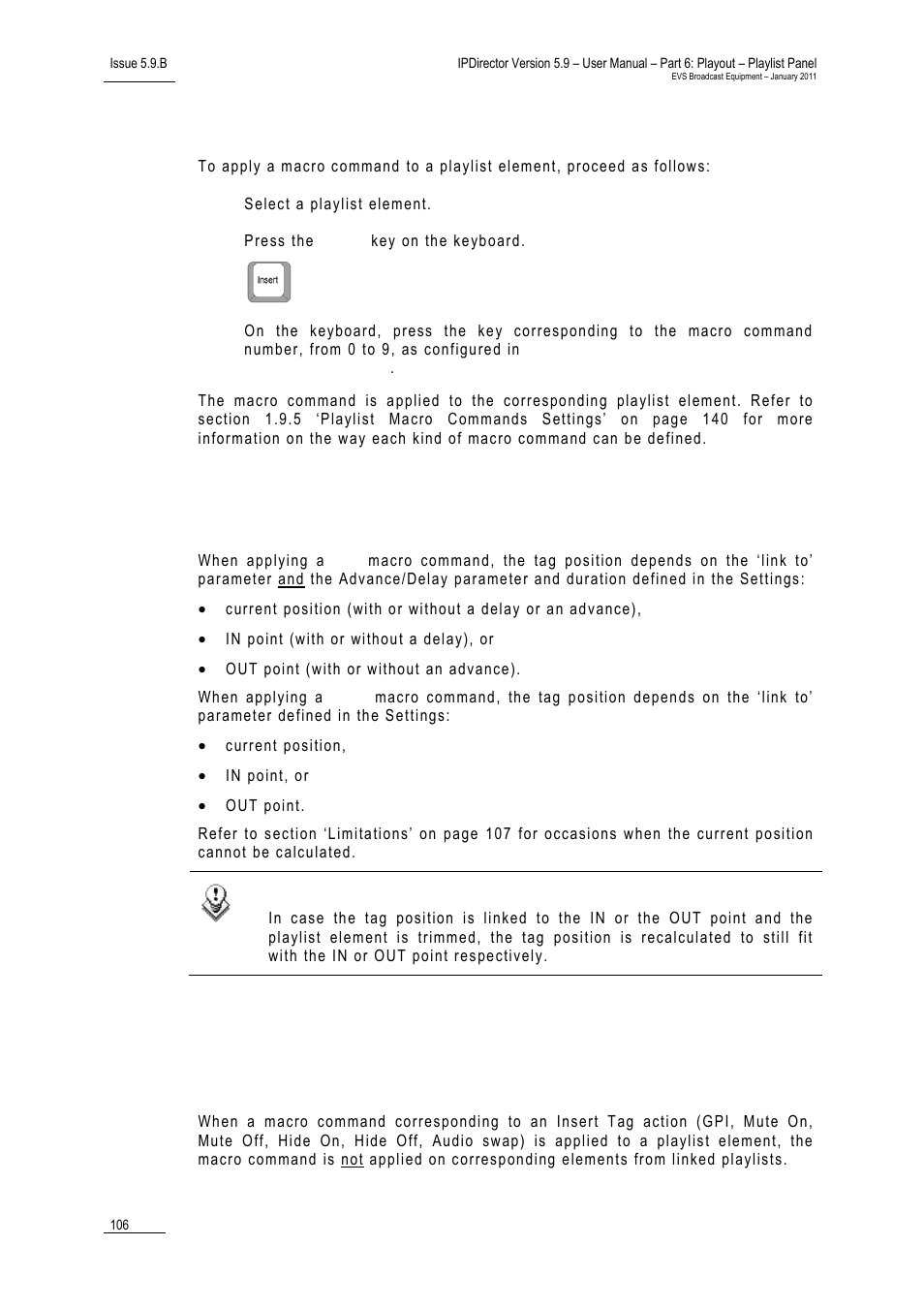 How to apply a macro command to a playlist element, Applying a macro command on linked playlists, Insert tag macro command | EVS IPDirector Version 5.9 - January 2011 Part 6 User’s Manual User Manual | Page 117 / 192