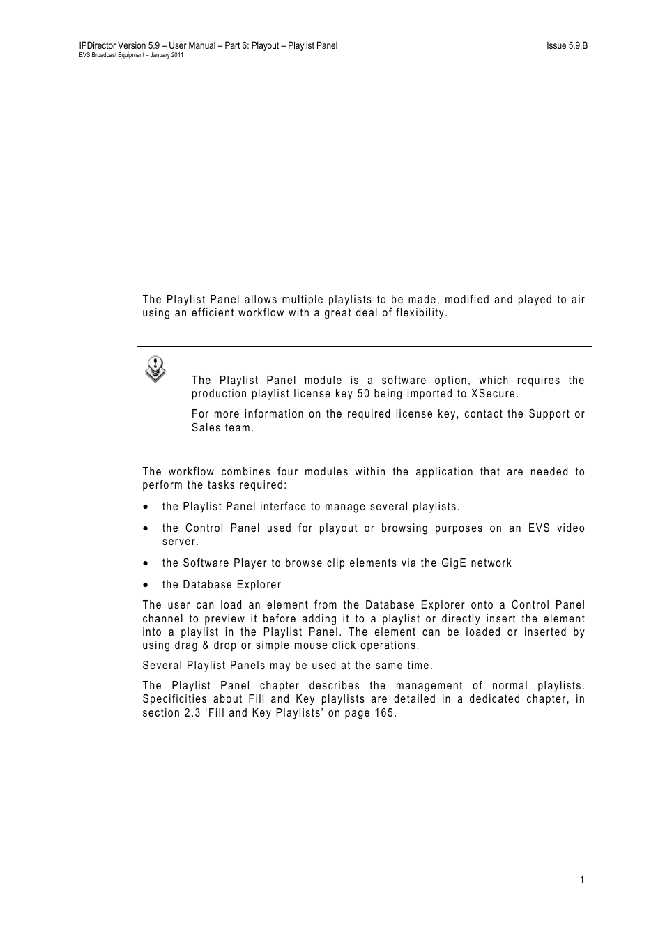 Playlist panel, 1 introduction, 1 purpose and workflow | Introduction, Purpose and workflow, Urpose and, Orkflow | EVS IPDirector Version 5.9 - January 2011 Part 6 User’s Manual User Manual | Page 12 / 192