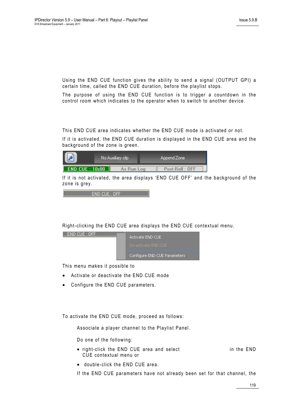 13 working with end cue, Purpose, Activation and deactivation | End-cue contextual menu, How to activate the end cue mode, Working with end cue, 13 ‘ working with end cue, 13 w, Orking with | EVS IPDirector Version 5.9 - January 2011 Part 6 User’s Manual User Manual | Page 130 / 192