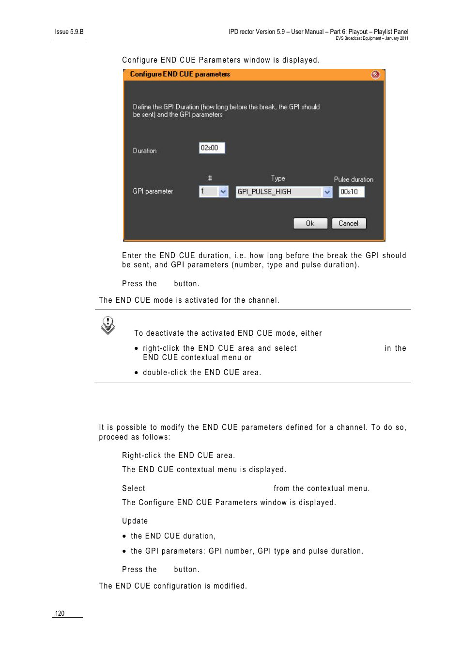 How to configure the end cue parameters | EVS IPDirector Version 5.9 - January 2011 Part 6 User’s Manual User Manual | Page 131 / 192