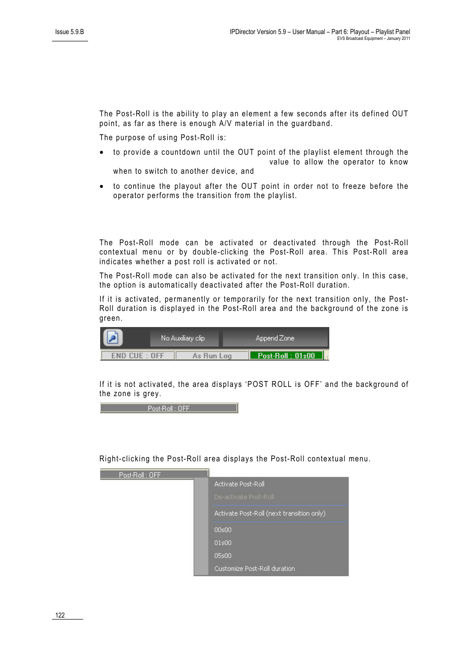 14 working with post-roll, Purpose, Activation and deactivation | Post-roll contextual menu, Working with post-roll, 14 ‘ working with post-roll, 14 w, Orking with | EVS IPDirector Version 5.9 - January 2011 Part 6 User’s Manual User Manual | Page 133 / 192