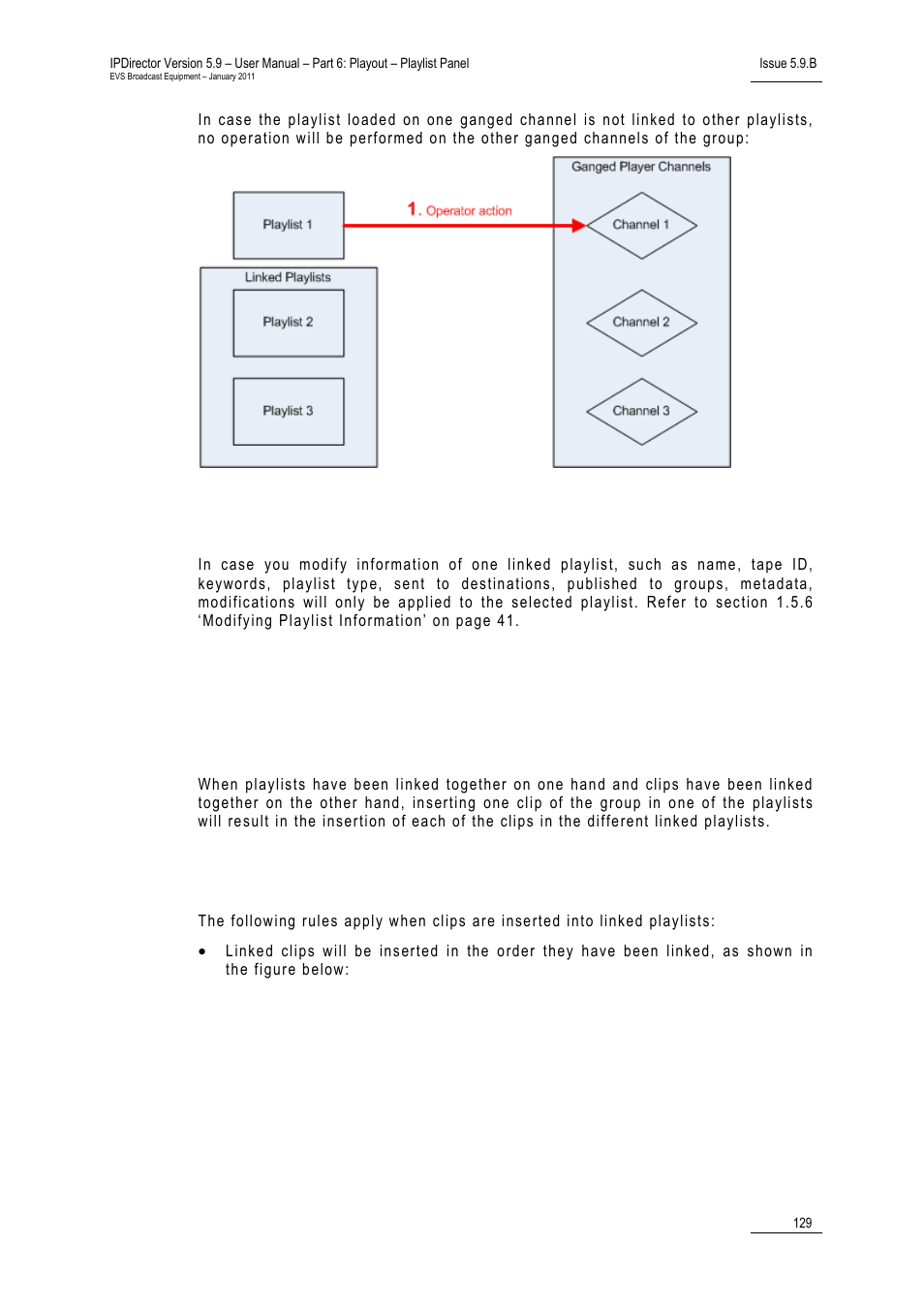 4 modifying information of a linked playlist, 5 operations on elements from linked playlists, Inserting clips in linked playlists | Rules for inserting clips, Modifying information of a linked playlist, Operations on elements from linked playlists | EVS IPDirector Version 5.9 - January 2011 Part 6 User’s Manual User Manual | Page 140 / 192