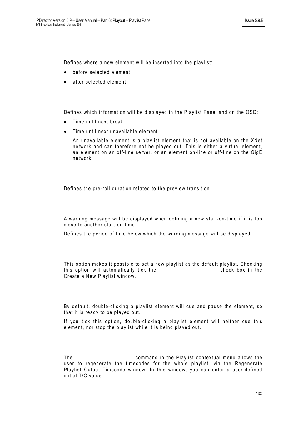 Insert mode in playlist, Remaining time information, Define pre-roll duration | Start on time security warning, Set new playlist as default playlist, Disable double-click on playlist, Default tc track value | EVS IPDirector Version 5.9 - January 2011 Part 6 User’s Manual User Manual | Page 144 / 192