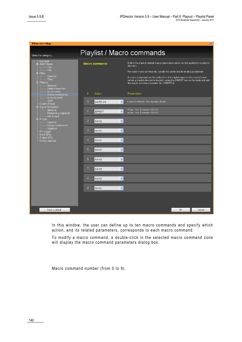 5 playlist macro commands settings, Field, Playlist macro commands settings | 5 ‘playlist macro commands settings, Playlist macro commands settings’ o, 140 f, 140 fo, Laylist, Acro, Ommands | EVS IPDirector Version 5.9 - January 2011 Part 6 User’s Manual User Manual | Page 151 / 192