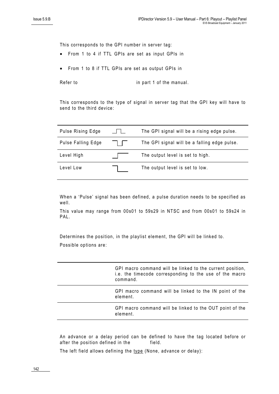 Gpi number, Type, Pulse duration | Link to, Advance/delay | EVS IPDirector Version 5.9 - January 2011 Part 6 User’s Manual User Manual | Page 153 / 192