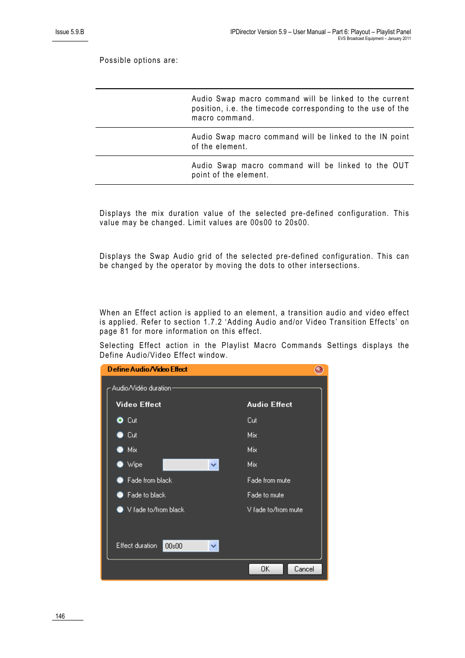 Mix duration, Swap audio grid, Action = effect (audio and/or video) | EVS IPDirector Version 5.9 - January 2011 Part 6 User’s Manual User Manual | Page 157 / 192