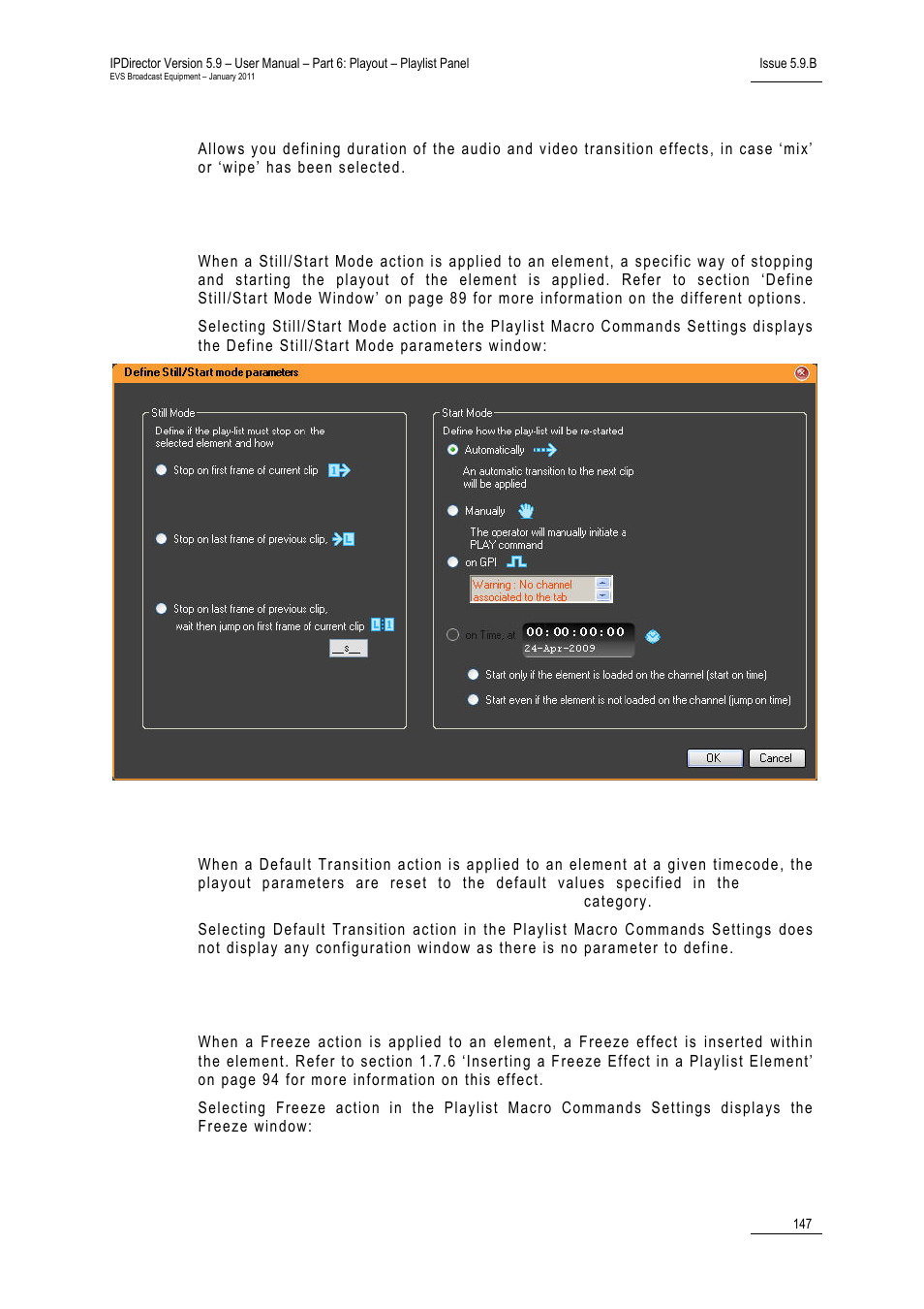 Effect duration, Action = still/start mode, Action = default transition | Action = freeze | EVS IPDirector Version 5.9 - January 2011 Part 6 User’s Manual User Manual | Page 158 / 192