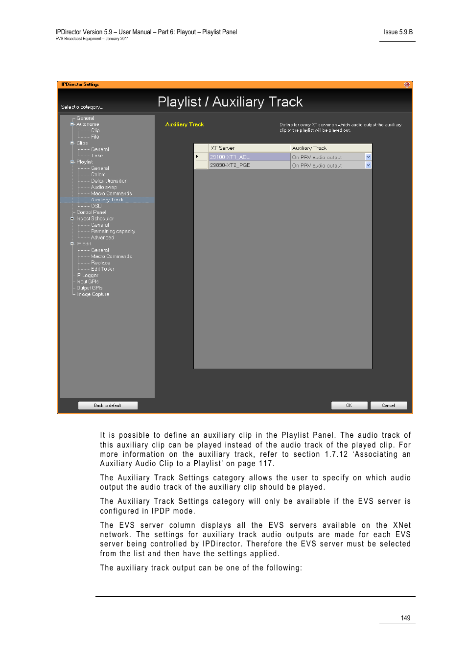 6 auxiliary track settings, Auxiliary track settings, 6 ‘auxiliary track settings’ on p | Uxiliary, Rack, Ettings | EVS IPDirector Version 5.9 - January 2011 Part 6 User’s Manual User Manual | Page 160 / 192