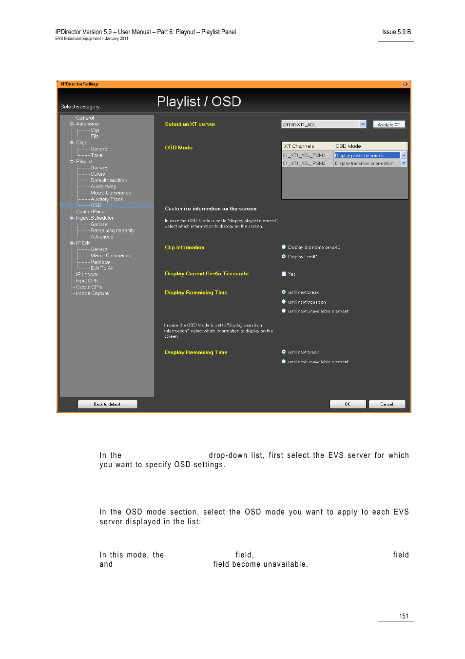 7 osd settings, Select an xt server, Osd mode | Display transition information, Osd settings, 7 osd, Ettings | EVS IPDirector Version 5.9 - January 2011 Part 6 User’s Manual User Manual | Page 162 / 192