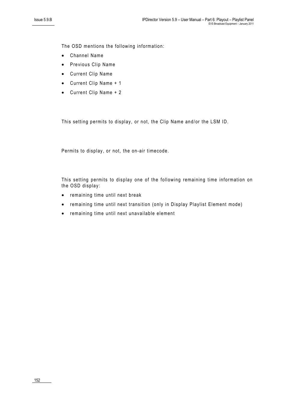 Display playlist elements, Clip information, Display current on-air timecode | Display remaining time | EVS IPDirector Version 5.9 - January 2011 Part 6 User’s Manual User Manual | Page 163 / 192