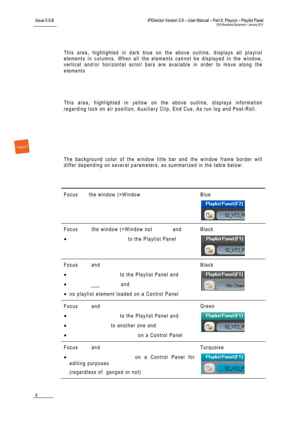 Playlist grid area (2), Status bar (3), Channel mode display | Background color of window outline | EVS IPDirector Version 5.9 - January 2011 Part 6 User’s Manual User Manual | Page 17 / 192