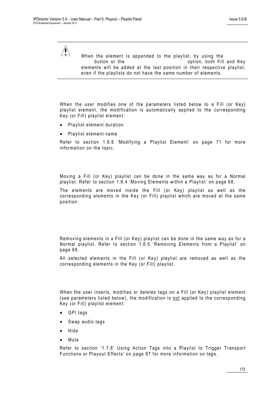 Modifying an element in a fill or key playlist, Moving fill and key playlist elements, Modifying tags of a fill or key playlist element | EVS IPDirector Version 5.9 - January 2011 Part 6 User’s Manual User Manual | Page 184 / 192