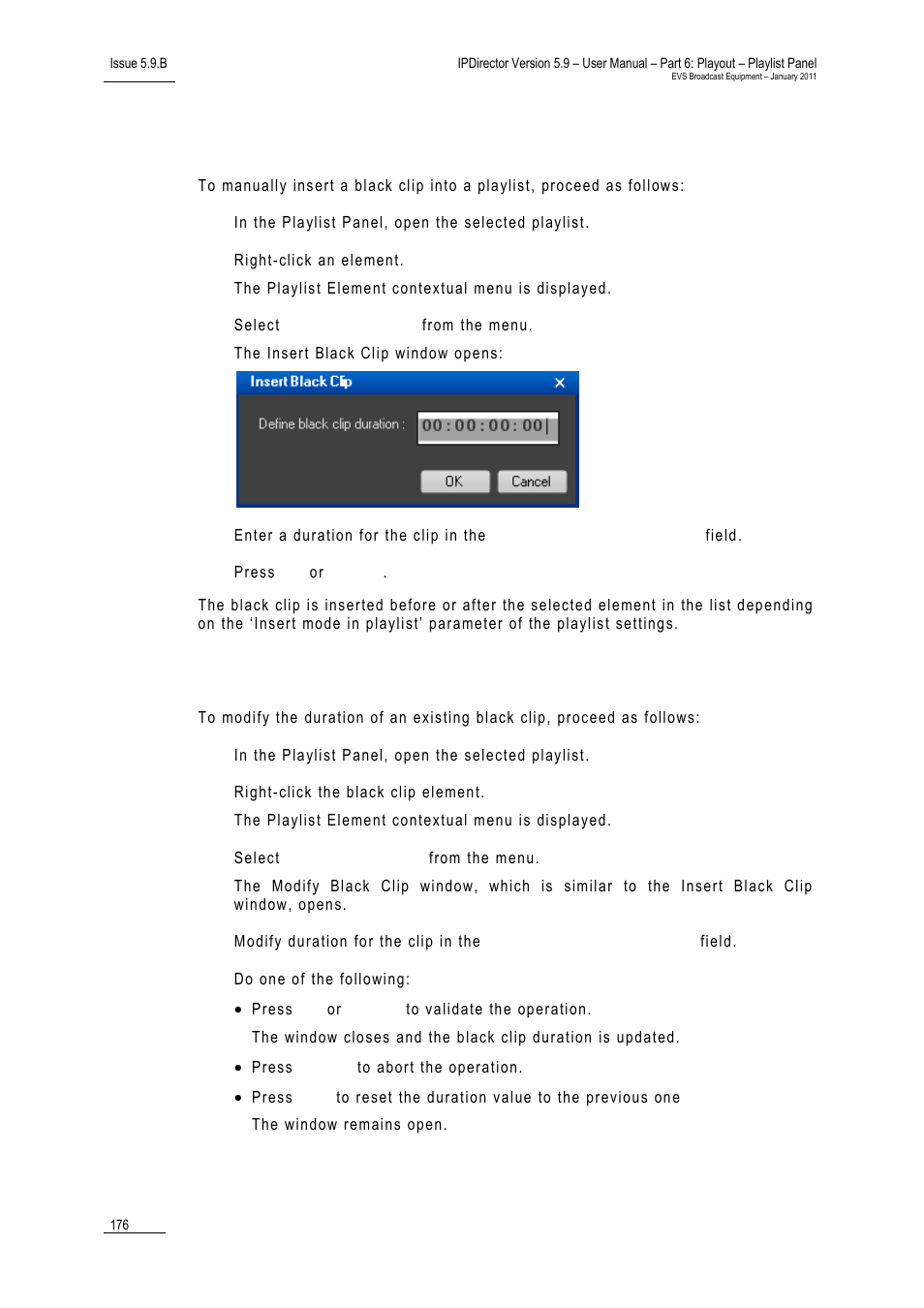 How to manually insert a black clip in a playlist, How to modify a black clip duration | EVS IPDirector Version 5.9 - January 2011 Part 6 User’s Manual User Manual | Page 187 / 192