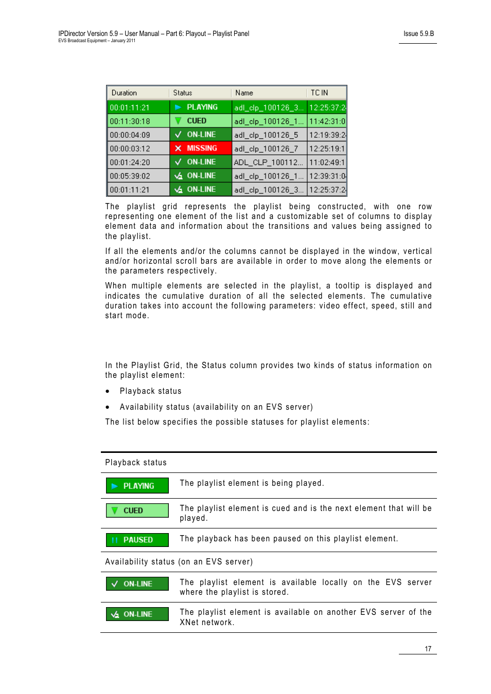 4 playlist grid, Playlist element statuses, Playlist grid | Laylist | EVS IPDirector Version 5.9 - January 2011 Part 6 User’s Manual User Manual | Page 28 / 192
