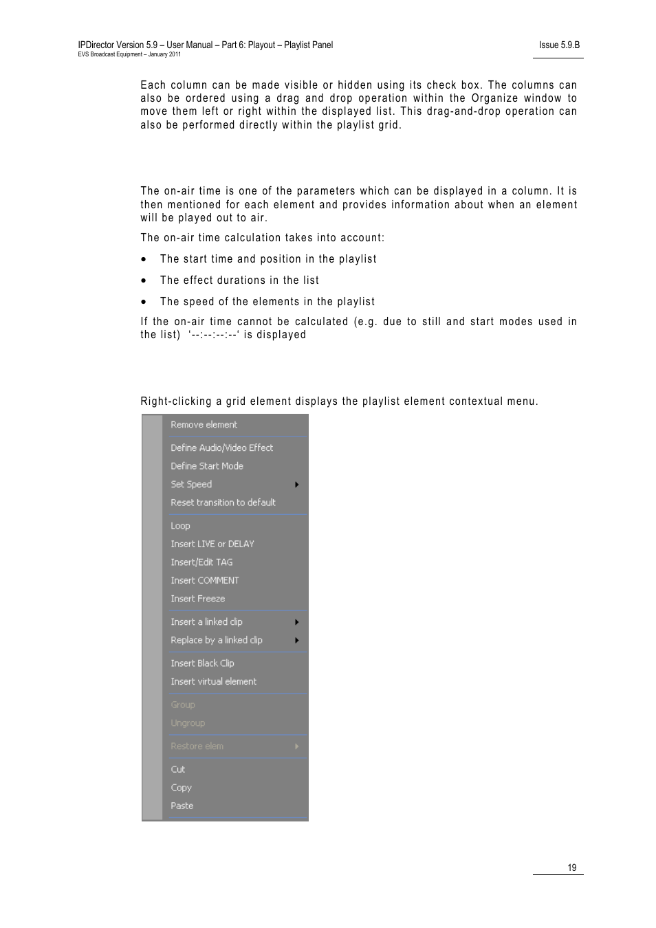 On-air time parameter, Playlist element contextual menu | EVS IPDirector Version 5.9 - January 2011 Part 6 User’s Manual User Manual | Page 30 / 192