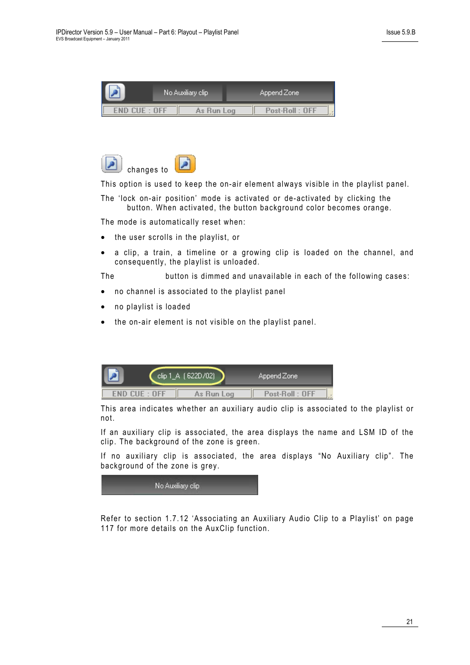 5 status bar, Lock on-air position button, Auxclip name area | Status bar, Tatus | EVS IPDirector Version 5.9 - January 2011 Part 6 User’s Manual User Manual | Page 32 / 192