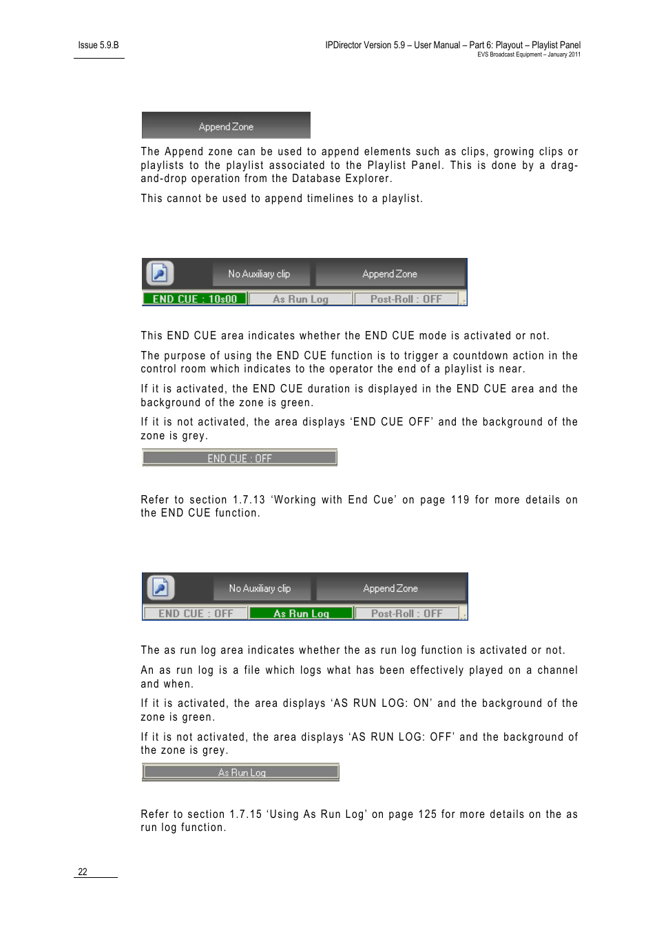 Append zone, End cue area, As run log area | EVS IPDirector Version 5.9 - January 2011 Part 6 User’s Manual User Manual | Page 33 / 192