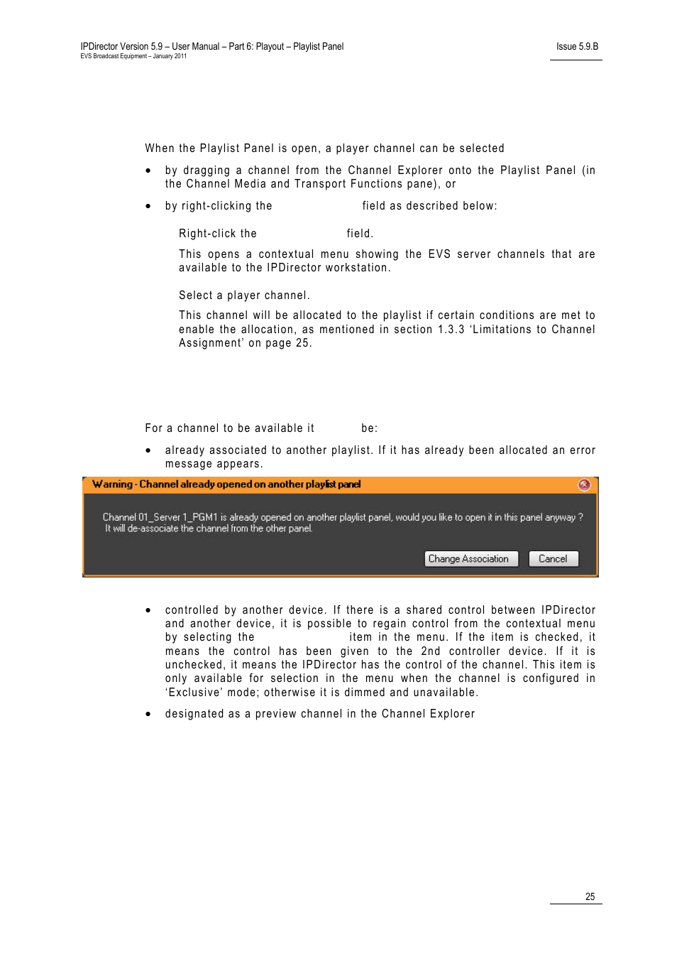 3 limitations to channel assignment, Limitations to channel assignment, Ow to | Ssociate a, Layer, Hannel to the, Laylist, Anel, Imitations to, Hannel | EVS IPDirector Version 5.9 - January 2011 Part 6 User’s Manual User Manual | Page 36 / 192