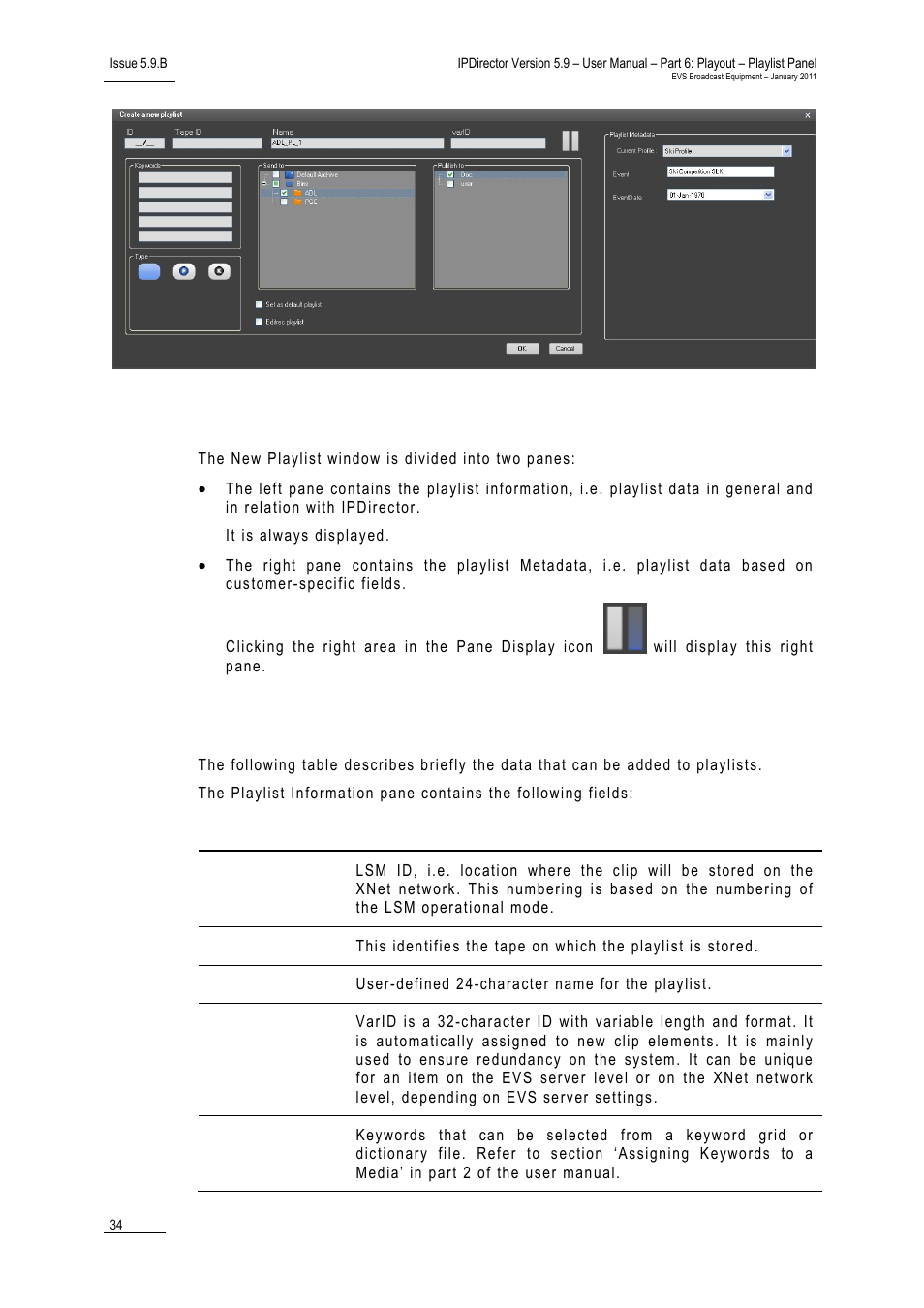 Window overview, Fields in the new playlist window | EVS IPDirector Version 5.9 - January 2011 Part 6 User’s Manual User Manual | Page 45 / 192
