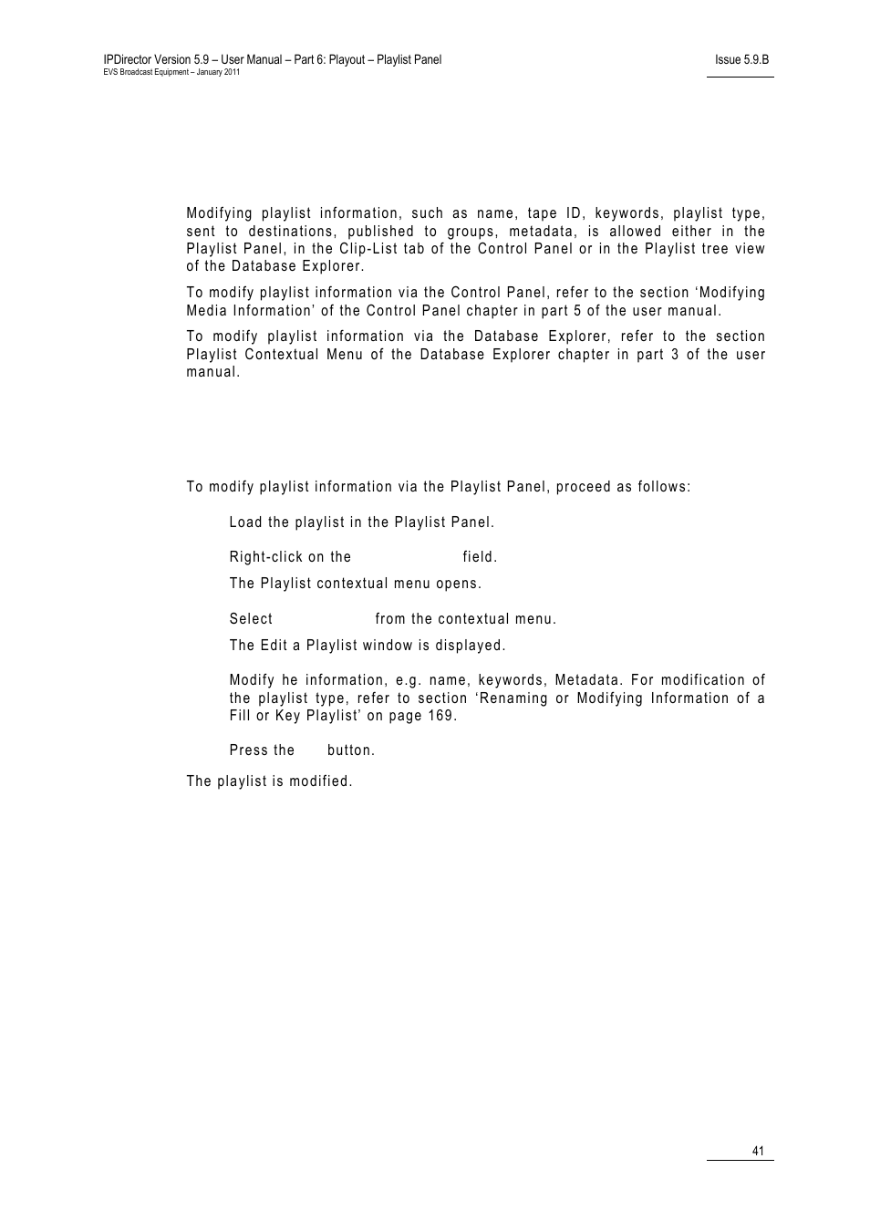 6 modifying playlist information, Various options, Modifying playlist information | 6 ‘ modifying playlist information, Odifying, Laylist, Nformation | EVS IPDirector Version 5.9 - January 2011 Part 6 User’s Manual User Manual | Page 52 / 192