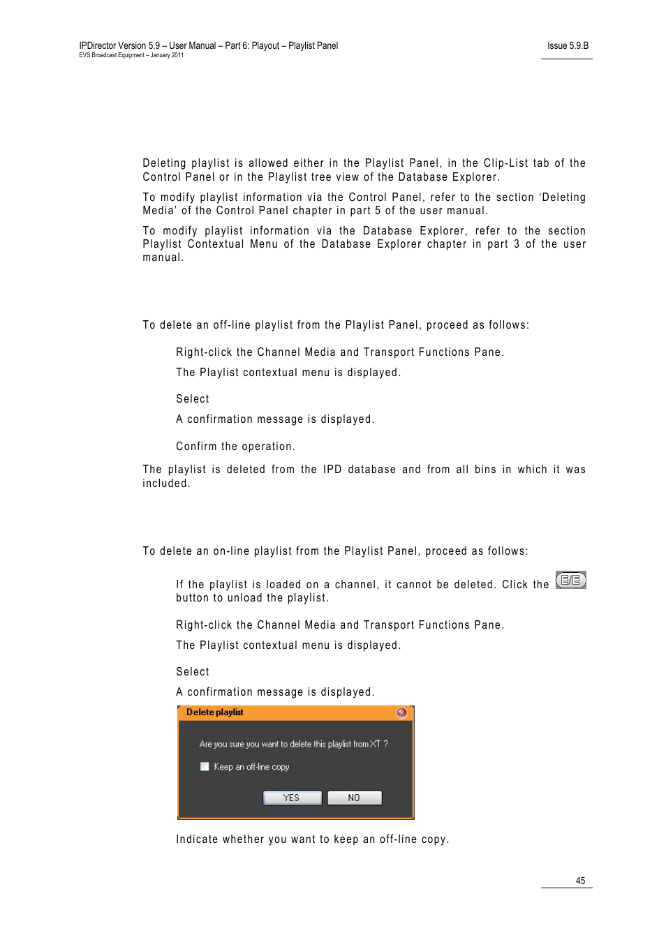 8 deleting playlists, Various options, How to delete an off-line playlist | How to delete an on-line playlist, Deleting playlists, 8 ‘ deleting playlists, Eleting, Laylists | EVS IPDirector Version 5.9 - January 2011 Part 6 User’s Manual User Manual | Page 56 / 192