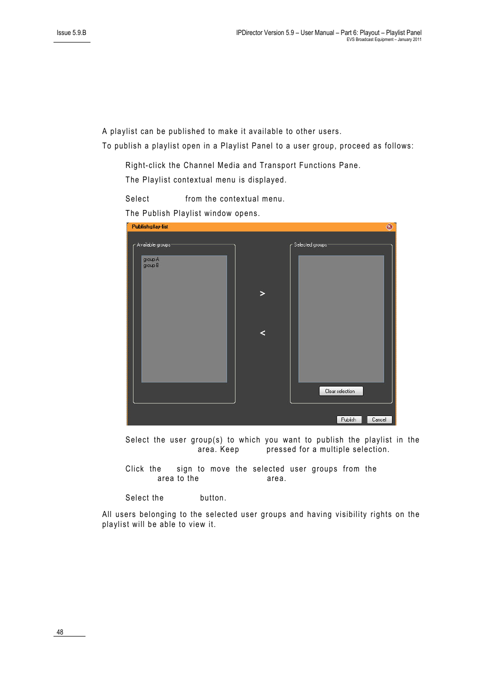 9 publishing playlists, How to publish a playlist to a user group, Publishing playlists | 9 ‘ publishing playlists, Ublishing, Laylists | EVS IPDirector Version 5.9 - January 2011 Part 6 User’s Manual User Manual | Page 59 / 192