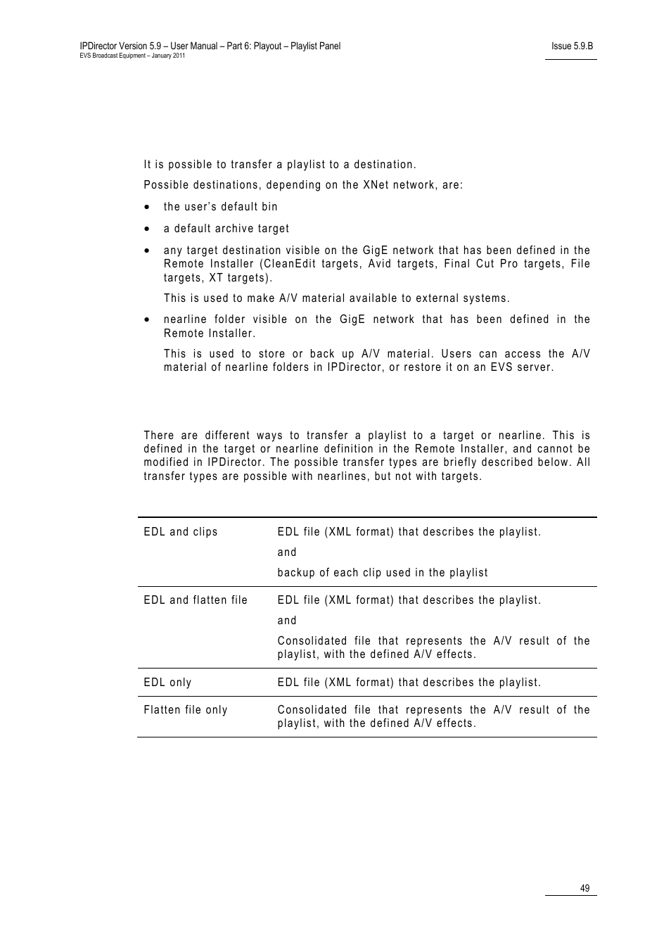 10 transferring playlists, Destination types, Transfer types | Transferring playlists, 10 ‘transferring playlists, 10 ‘ transferring playlists, 10 ‘transferring, Playlists, 10 t, Ransferring | EVS IPDirector Version 5.9 - January 2011 Part 6 User’s Manual User Manual | Page 60 / 192