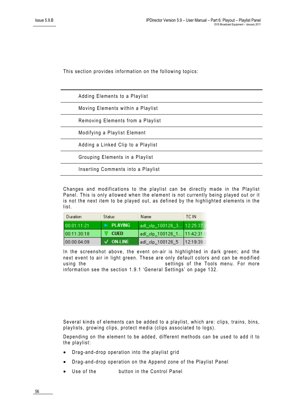 6 playlist editing, 1 adding elements to a playlist, Possible operations | Playlist editing, Adding elements to a playlist, 6 ‘playlist editing, 56 an, 1 ‘adding elements to a playlist, 1 ‘adding elements, To a playlist | EVS IPDirector Version 5.9 - January 2011 Part 6 User’s Manual User Manual | Page 67 / 192