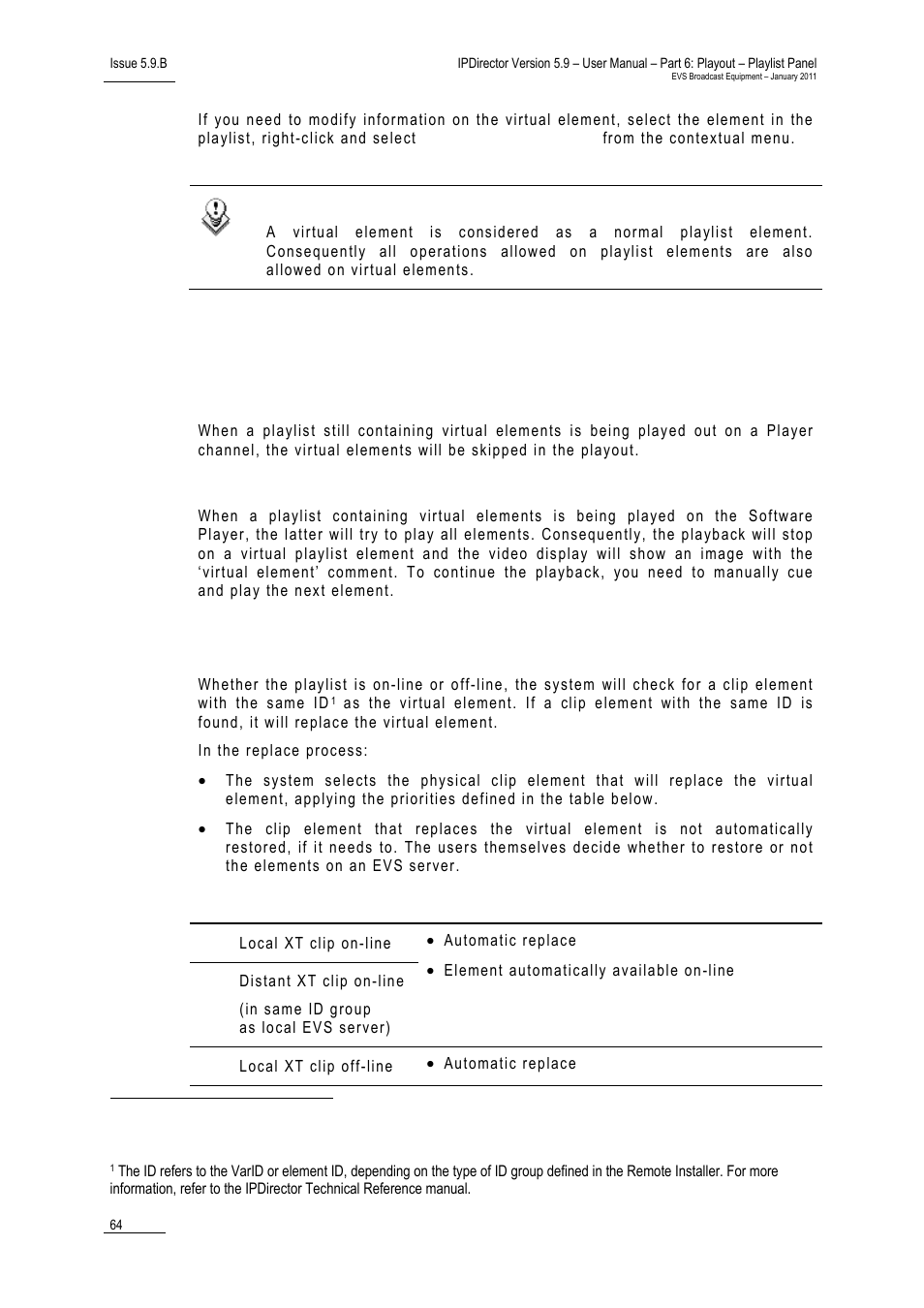 Playout on a player channel, Playback on the software player, Replace process of virtual playlist elements | EVS IPDirector Version 5.9 - January 2011 Part 6 User’s Manual User Manual | Page 75 / 192