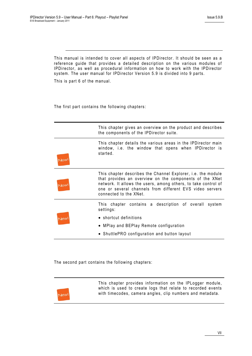 Part 1: general workspace, Part 2: logging, About this manual | EVS IPDirector Version 5.9 - January 2011 Part 6 User’s Manual User Manual | Page 8 / 192