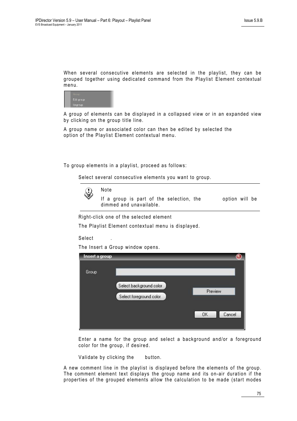 8 grouping elements in a playlist, Introduction, How to (un-)group elements within a playlist | Grouping elements in a playlist, Rouping, Lements in a, Laylist | EVS IPDirector Version 5.9 - January 2011 Part 6 User’s Manual User Manual | Page 86 / 192
