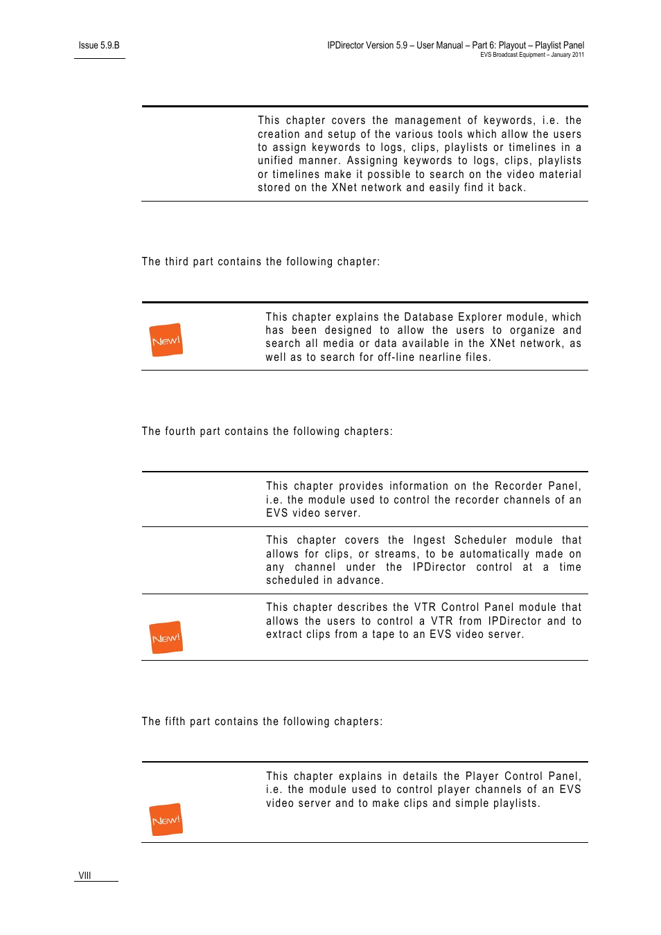 Part 3: browsing, Part 4: ingest, Part 5: playout – control panel | EVS IPDirector Version 5.9 - January 2011 Part 6 User’s Manual User Manual | Page 9 / 192