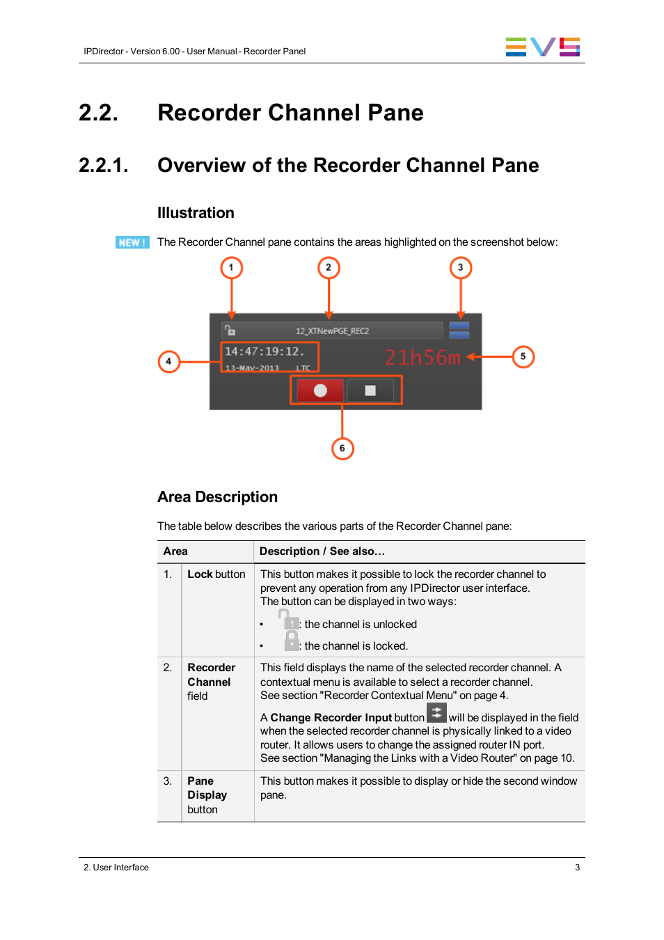 Recorder channel pane, Overview of the recorder channel pane, Illustration | Area description | EVS IPDirector Version 6.2 - June 2013 RECORDER PANEL User Manual User Manual | Page 11 / 24