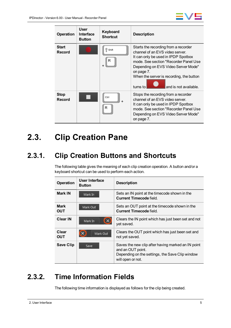 Clip creation pane, Clip creation buttons and shortcuts, Time information fields | EVS IPDirector Version 6.2 - June 2013 RECORDER PANEL User Manual User Manual | Page 13 / 24