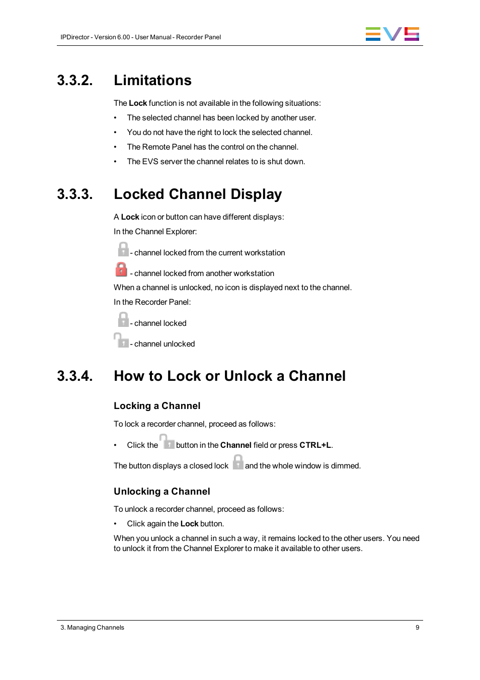 Limitations, Locked channel display, How to lock or unlock a channel | EVS IPDirector Version 6.2 - June 2013 RECORDER PANEL User Manual User Manual | Page 17 / 24