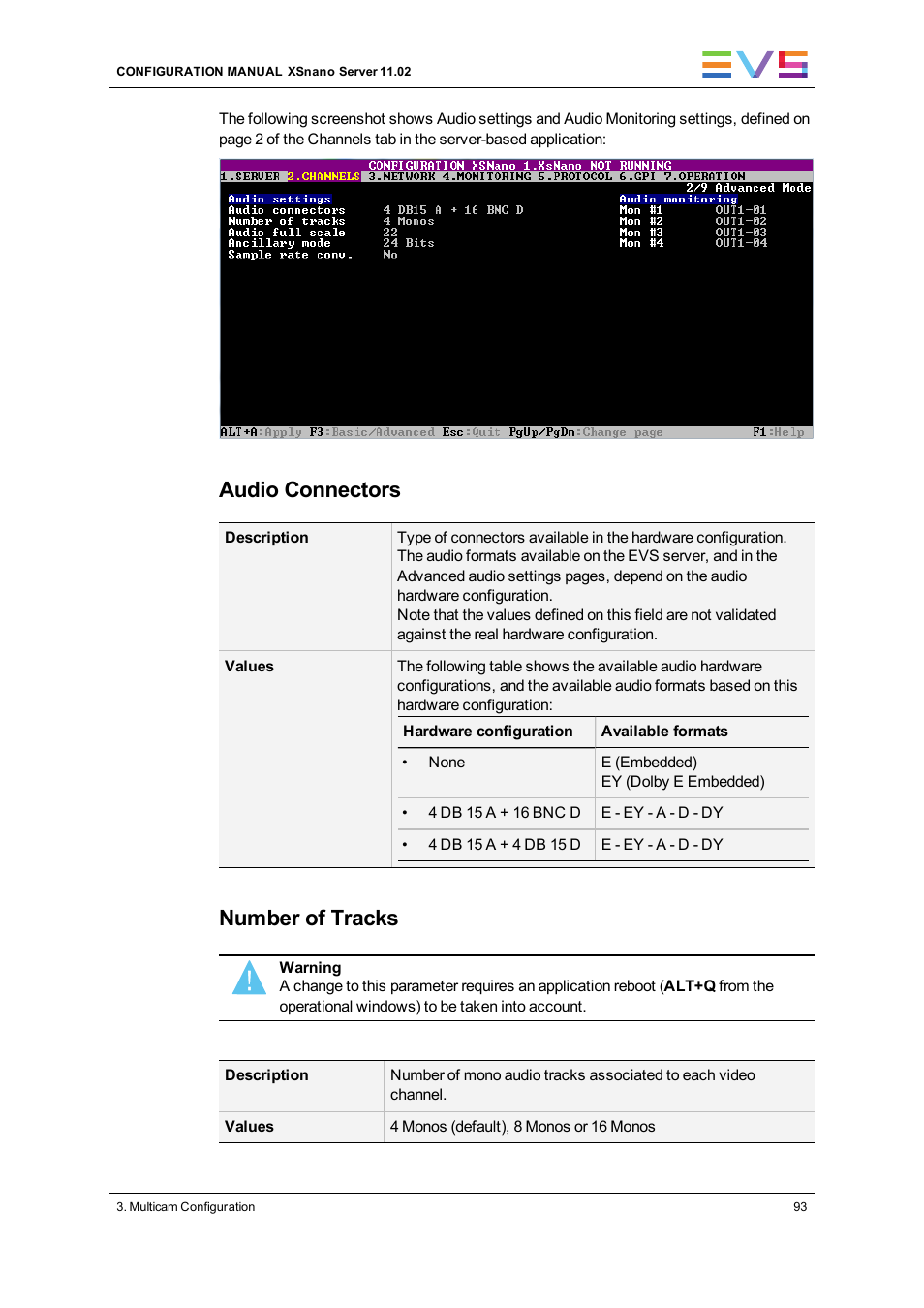 Audio connectors, Number of tracks | EVS XSnano Version 11.02 - July 2012 Configuration Manual User Manual | Page 101 / 174