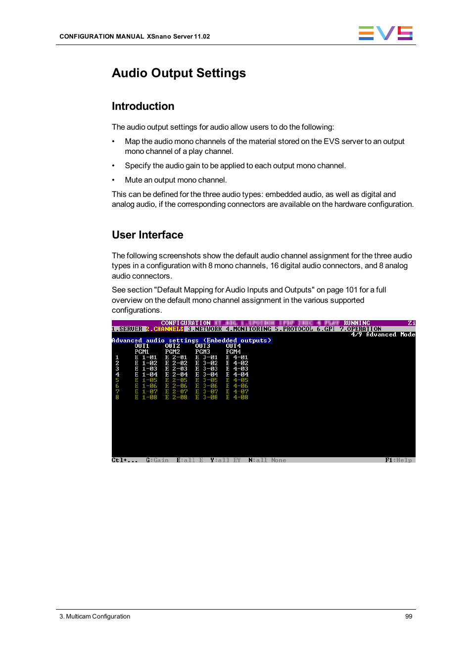 Audio embedded outputs, Audio digital outputs (aes/ebu), Audio analog outputs | Audio output settings, Introduction, User interface | EVS XSnano Version 11.02 - July 2012 Configuration Manual User Manual | Page 107 / 174