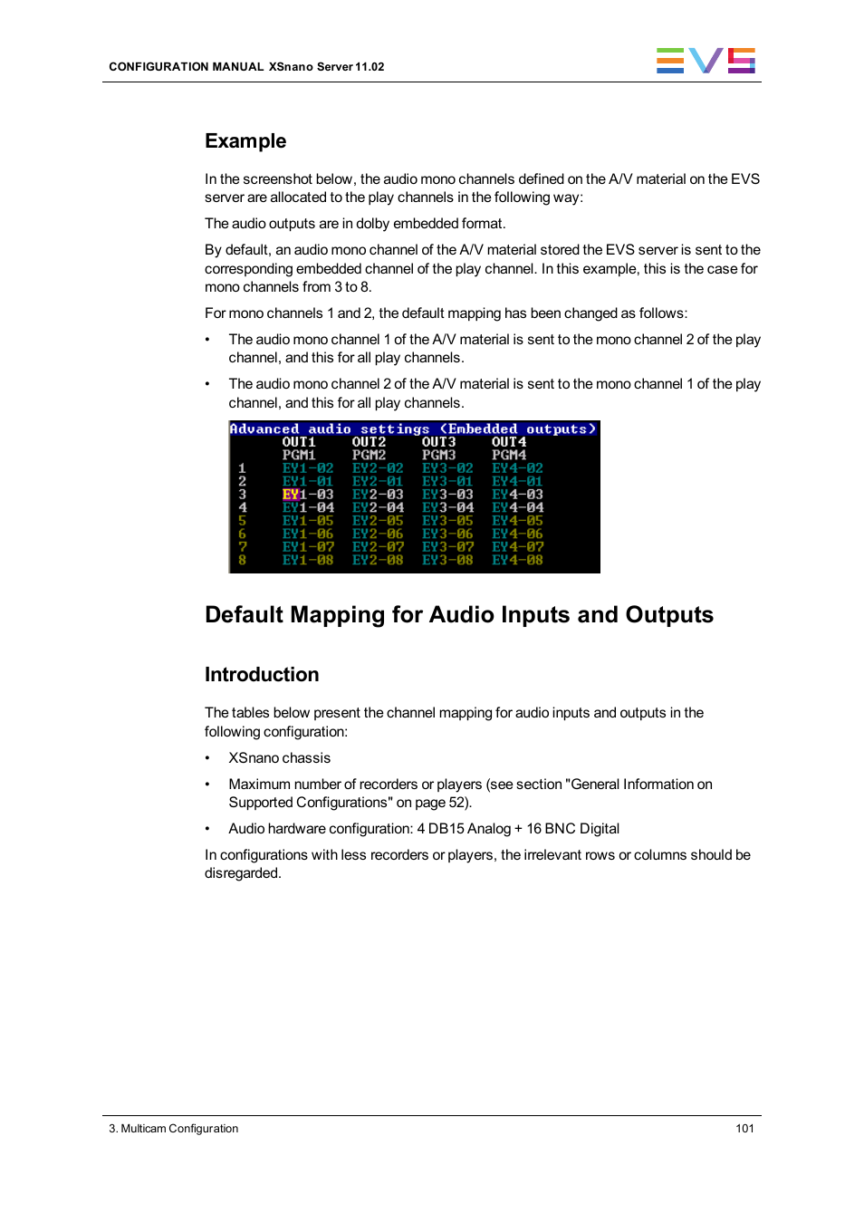 Default mapping for audio inputs and outputs, Example, Introduction | EVS XSnano Version 11.02 - July 2012 Configuration Manual User Manual | Page 109 / 174