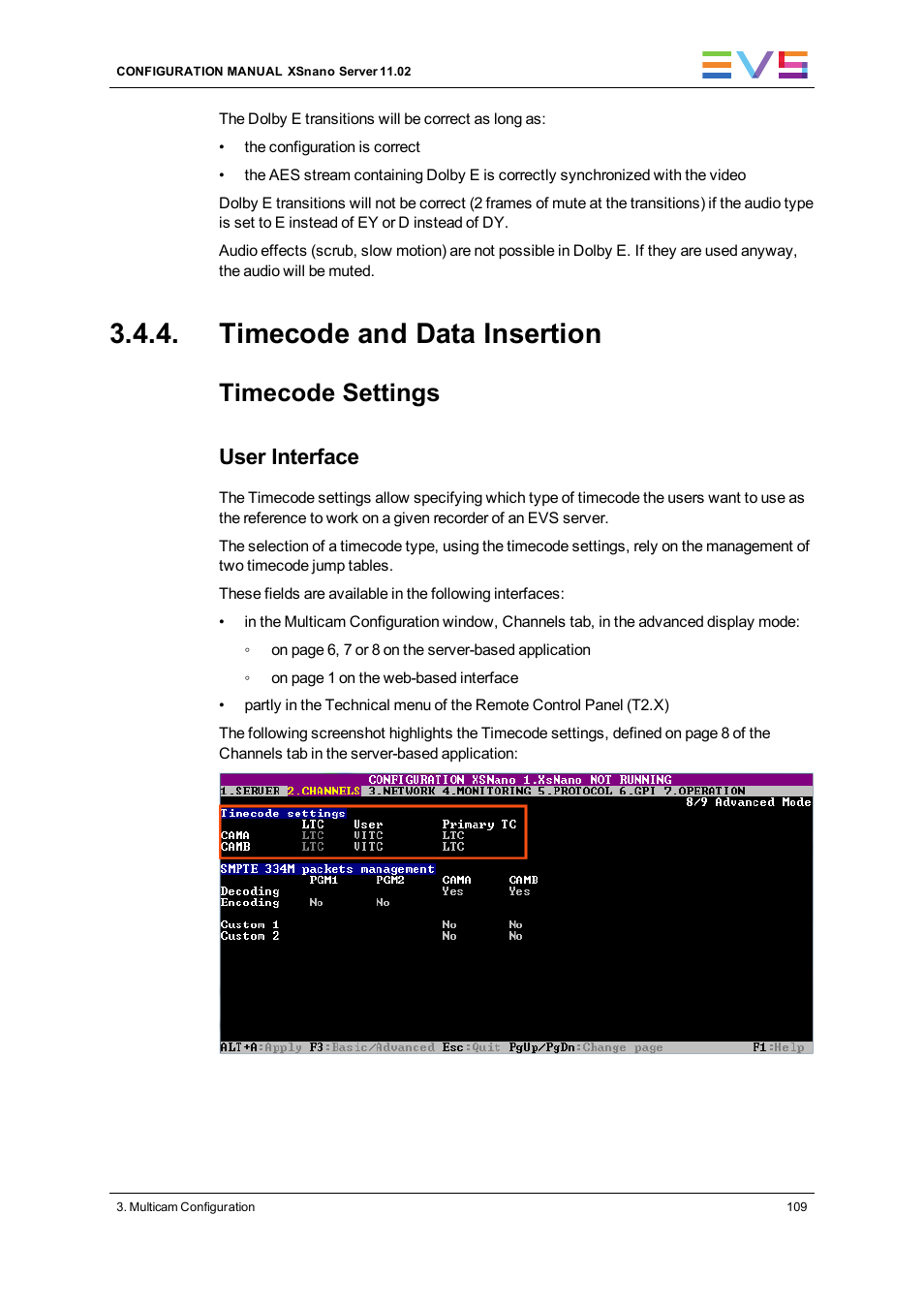 Timecode and data insertion, Timecode settings, User interface | EVS XSnano Version 11.02 - July 2012 Configuration Manual User Manual | Page 117 / 174